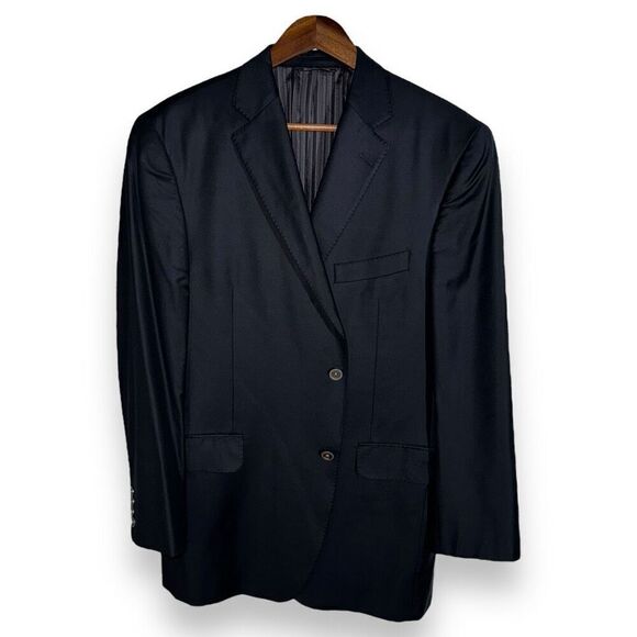 Jack Victor x E. Thomas navy Sharkskin Super 150s Wool Blazer - Picture 1 of 13